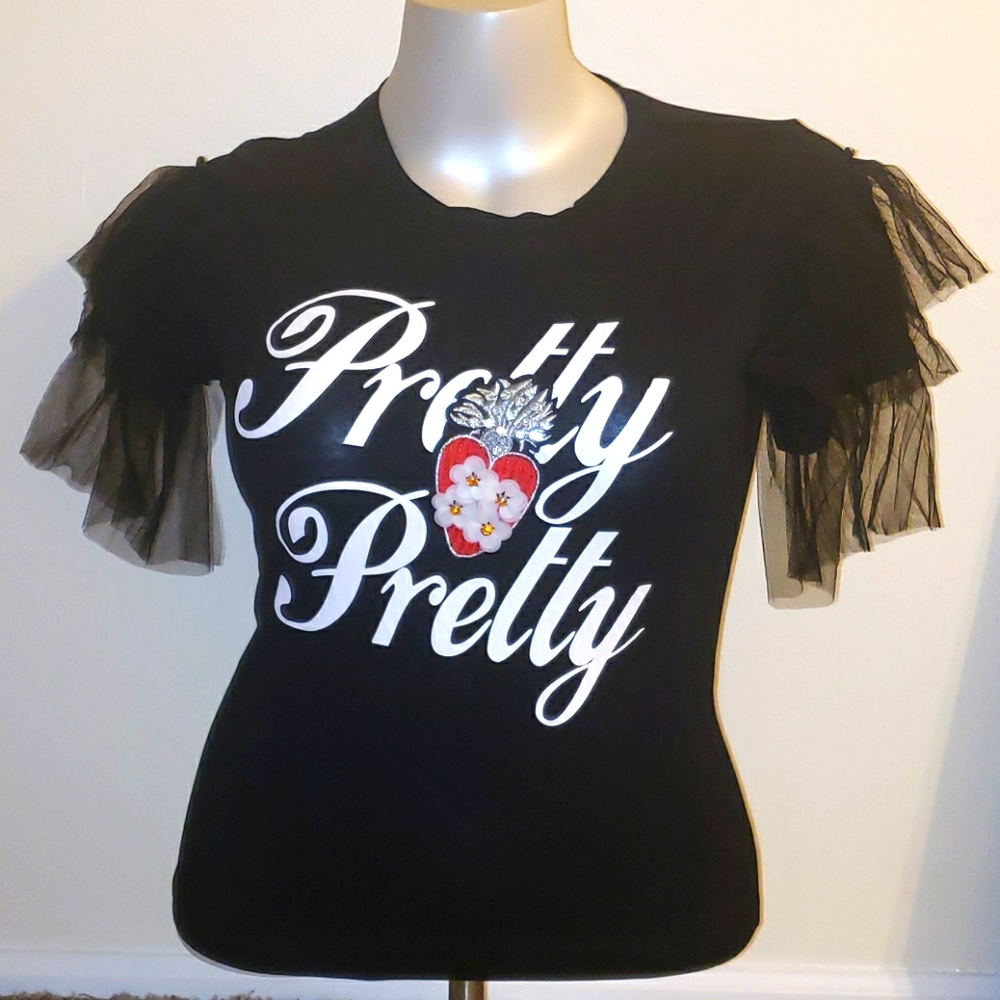 Melva T-Shirt Rhinestones and Tulle Large Black.